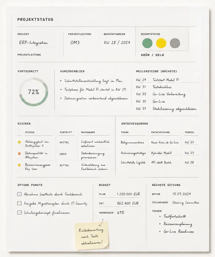 Projektstatus, schematisch: Fortschritt 72 Prozent, Meilensteine, Risiken, Entscheidungen und Budget einer ERP-Integration
